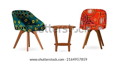Set of two modern colorful armchair and small coffee table. Mid century modern living room furniture design, home interior elements. Realistic vector art illustration isolated on white background.