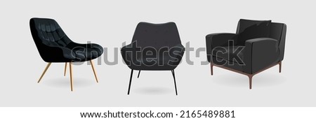 Set of different Modern comfortable soft black armchairs. Trendy living room, lounge or office furniture realistic vector illustration isolated on white background.