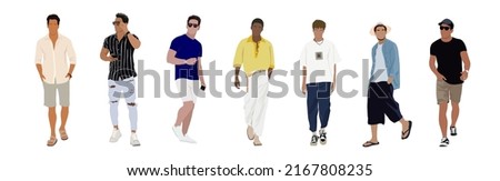 Summer Street fashion men vector art illustration. Young men wearing trendy modern street style outfit standing and walking. Cartoon style vector illustration isolated on white background.