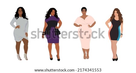 Set of Beautiful black curvy women wearing  dress and high hells shoes. Smiling young fashion girls with long dark hair. Plus size attractive model different races. Body positive modern fashion vector