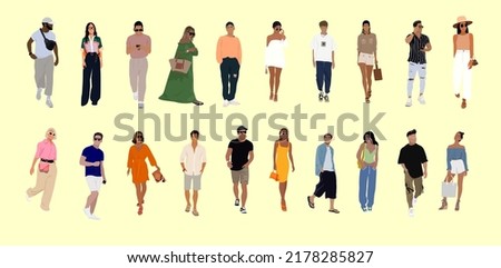 Big Set of different men and women wearing modern street style summer fashion outfit standing and walking. Cartoon style realistic vector art illustration isolated.