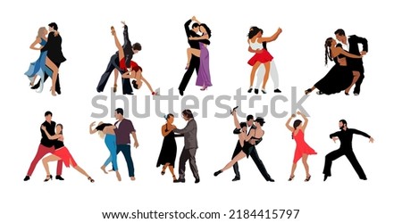 Dancing People, Dancer Bachata, Salsa, Flamenco, Tango, Latina Dance. Set of people in different dance poses. Cartoon style flat vector illustrations isolated in white background.