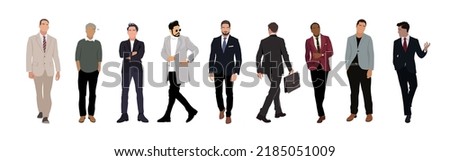 Business men in different poses, walking and standing, wearing formal suits and smart casual outfit, front, side and back view. Multiracial business team. Set of people isolated on white background.