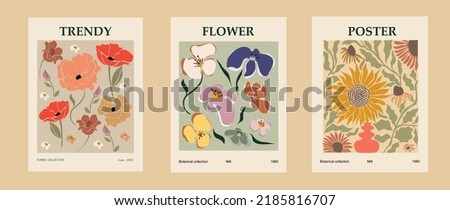 Set of Abstract flower market posters. Trendy botanical wall arts with floral design in earth tone colors. Modern naive groovy funky interior decorations, 
paintings. 
Flat Vector art illustration.