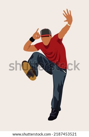 Man dancing street dance in urban hip hop style. Dancer jumping and dancing break dance. Cartoon character. Vector art realistic illustration isolated on white background.