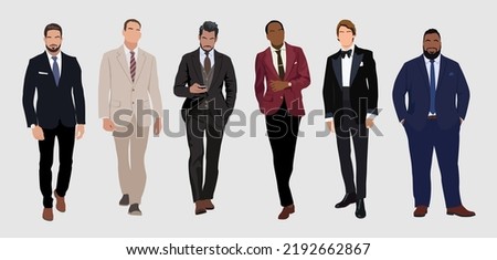 Set of  elegant businessmen wearing formal outfit - suit or tuxedo. Collection of handsome male characters different races, body types. Vector flat realistic illustration isolated on white background.