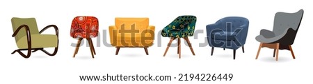 Set of different vintage mid century modern armchairs. Furniture vector realistic illustration isolated on white background.