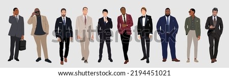 Set of different elegant men. Businessmen team. Vector illustration of diverse multinational cartoon men in office outfits - suits and tuxedo. Isolated on white.