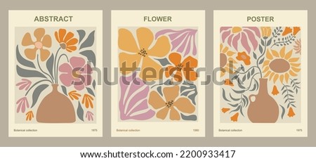 Set of abstract flower posters. Trendy botanical wall arts with floral design in earth tone colors. Modern naive groovy funky interior decorations, paintings. Vector art illustration.