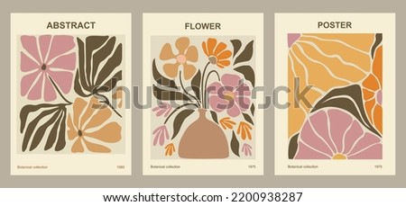 Set of abstract flower posters. Trendy botanical wall arts with floral design in danish pastel colors. Modern naive groovy funky interior decorations, paintings. Vector art illustration.