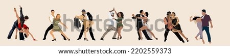 Dancing People, Dancer Bachata, Salsa, Flamenco, Tango, Latina Dance. Set of people in different dance poses. Cartoon style flat vector illustrations isolated in white background.