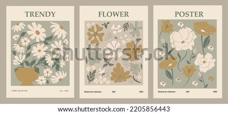 Set of abstract flower posters. Trendy botanical wall arts with floral design in sage green colors. Modern hippie naive groovy funky interior decorations, paintings. Vector art illustration.