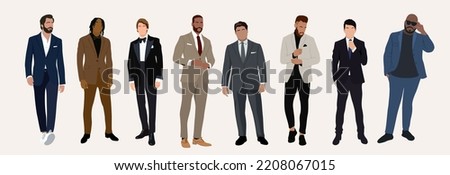 Set of elegant businessmen wearing formal outfit - suit or tuxedo. Collection of handsome male characters different races, body types. Vector flat realistic illustration isolated on white background.