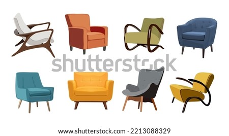 Set of different vintage mid century modern arm chair vector realistic illustrations isolated on white background. Comfortable trendy furniture for living room or lounge zone.
