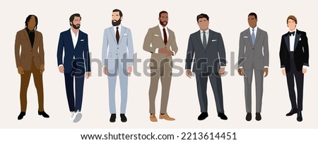 Set of elegant businessmen wearing formal outfit - suit or tuxedo. Collection of handsome male characters different races, body types. Vector flat realistic illustration isolated on white background.