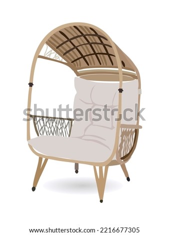 Lounge rattan couch with cover. Cozy outdoor sofa. A place to relax on the terrace or in the garden patio. Flat vector realistic illustration isolated on white background.