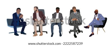 Set of different business men sitting in office chair or armchair. Handsome male cartoon characters in formal suits or office smart casual outfits.  Vector realistic illustration isolated on white.