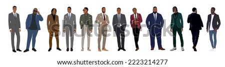 Set of elegant businessmen wearing formal outfit - suit or tuxedo. Collection of handsome african american male characters different ages and body types. Vector flat realistic illustration isolated.