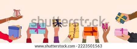 Different female and male hands holding gift boxes , christmas presents isolated on white, flat vector illustration. International grant exchange concept xmas holiday, arms gives new year souvenirs.