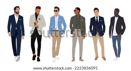 Set of elegant businessmen wearing smart casual outfit.  Collection of handsome male characters different races, body types. Vector flat realistic illustration isolated on white background.