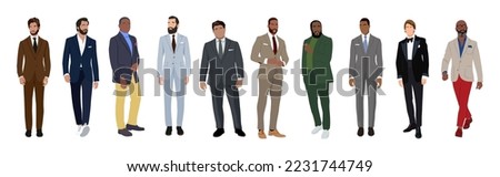 Set of different businessman characters in formal or black tie outfits. Stylish handsome guys wearing formal suits and tuxedo. Hand drawn vector realistic illustrations isolated on white background.