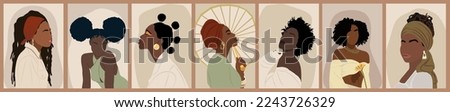 Abstract contemporary poster, wall art design with beautiful black women on neutral earthy colors background. Gorgeous African ladies with exotic hairstyles vector bohemian art illustrations set