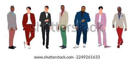 Business men in different poses, walking and standing, wearing formal suit and smart casual outfit, front, side view. Multiracial business team. Set of fashionable people isolated on white background.