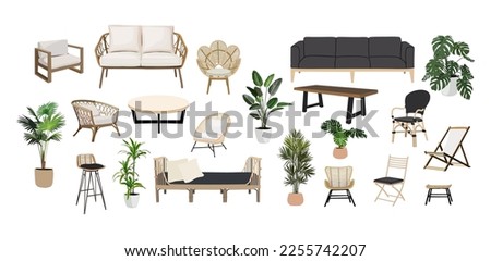 Set of Outdoor, porch zone, garden furniture with potted plants illustration. Realistic vector cozy garden yard, boho living room interior elements, rattan armchairs, coffee table, sofa, house plants.