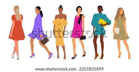 Collection of stylish young women wearing fashionable dress for evening event, cocktail or party. Set of gorgeous girls in luxury clothes. Realistic vector illustration on white background.