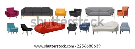 Set of trendy sofas, chairs, armchairs, couches with in classic style. Modern soft furniture collection. Colored vector realistic illustration isolated on white background.