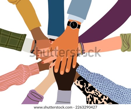 Hands of diverse people unity vector illustration.