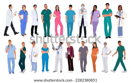 Set of smiling doctors, nurses, paramedics vector.