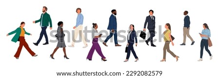 Set of Diverse business people walking side view.