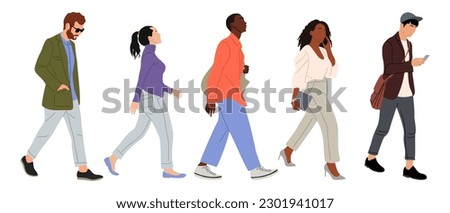 Set of different business people walking. Stylish men and women wearing smart casual office outfit with smart phone and bag. Vector cartoon realistic illustrations isolated on white background