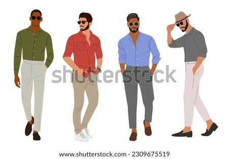 Set of stylish young men wearing summer street fashion outfit. Handsome Business men characters in smart casual office clothes. Vector realistic people illustrations isolated on white background