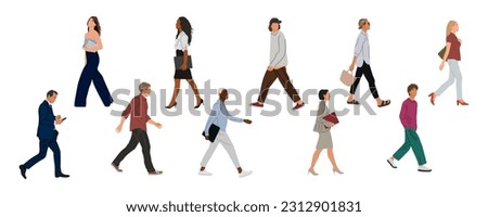 Set of Various business people walking. Modern men and women different ethnicities, ages, body types in summer smart casual and formal office outfits with phone, folder, bags. Vector isolated