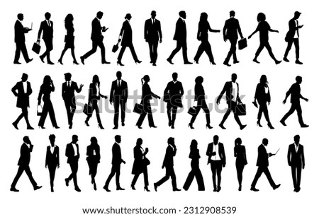 Silhouettes of business people walking, men and women full length front, side, back view. Vector illustration isolated black on white background. Avatar, icons for website