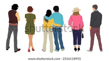 Set of different people standing full length rear view. Men, women, couple in casual clothes from behind, turned back. Characters backside. Vector realistic illustrations isolated on white background