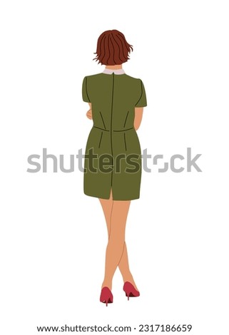 Young Woman standing full length rear view. Businesswoman in smart casual clothes from behind, turned back. Cartoon girl Character backside. Vector realistic illustration isolated on white background
