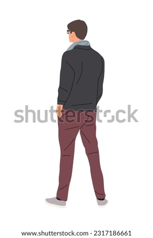 Man standing full length rear view. Businessman in smart casual clothes from behind, turned back. Cartoon Male Character backside. Vector realistic illustration isolated on white background