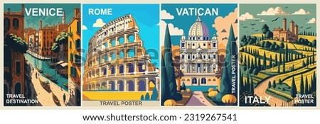 Set of Italy Travel Destination Posters in retro style. Rome, Vatican, Venice, Italy prints. European summer vacation, holidays concept. Vintage vector colorful art illustrations