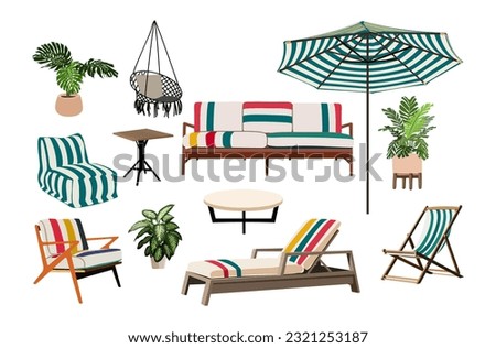 Patio furniture Set. Outdoor, porch zone, garden furniture with potted plants illustrations. Realistic vector cozy garden yard interior elements, rattan armchairs, tables, sofa, umbrella isolated.