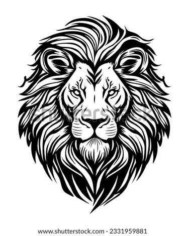 Lion head black and white drawing, ink sketch, tattoo, logo design. Leo zodiac sign, Horoscope symbol. Vector engraved styled monochrome illustration isolated on white background