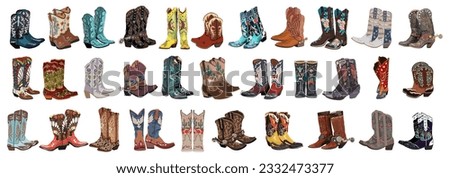 Big collection of different cowgirl boots. Traditional western cowboy boots bundle decorated with embroidered wild west ornament. Realistic vector art illustrations isolated on white background