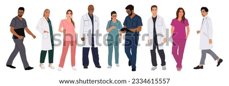 Set of standing and walking doctors, nurses, paramedics. Different male, female medic workers in uniform scrubs, lab coat, gown. Cartoon vector realistic illustration isolated on white background