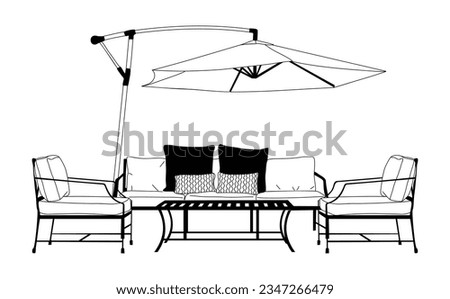 Patio furniture Set. Outdoor, porch zone, garden yard interior elements, armchairs, table, sofa, umbrella. Hand drawn line art vector illustration, black ink sketch isolated on white background
