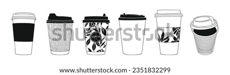 Set of different paper Coffee cups take away. Various disposable cups of coffee to go. Collection of Hand drawn doodle line art vector illustrations isolated on white background