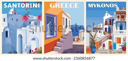 Set of Greece Travel Destination Posters in retro style. Santorini, Mykonos Greece Island prints. European summer vacation, holidays concept. Vintage vector colorful illustrations