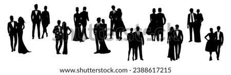 Set of silhouettes of different couples wearing evening formal or black tie outfits for celebration, wedding, Christmas Eve or New Year party. Happy men and women in gorgeous luxury clothes.