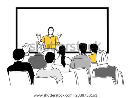 Business man speaker making presentation before big audience in large conference room. Seminar, forum. Business education concept. Outline vector for graphic, web design Isolated on white background.